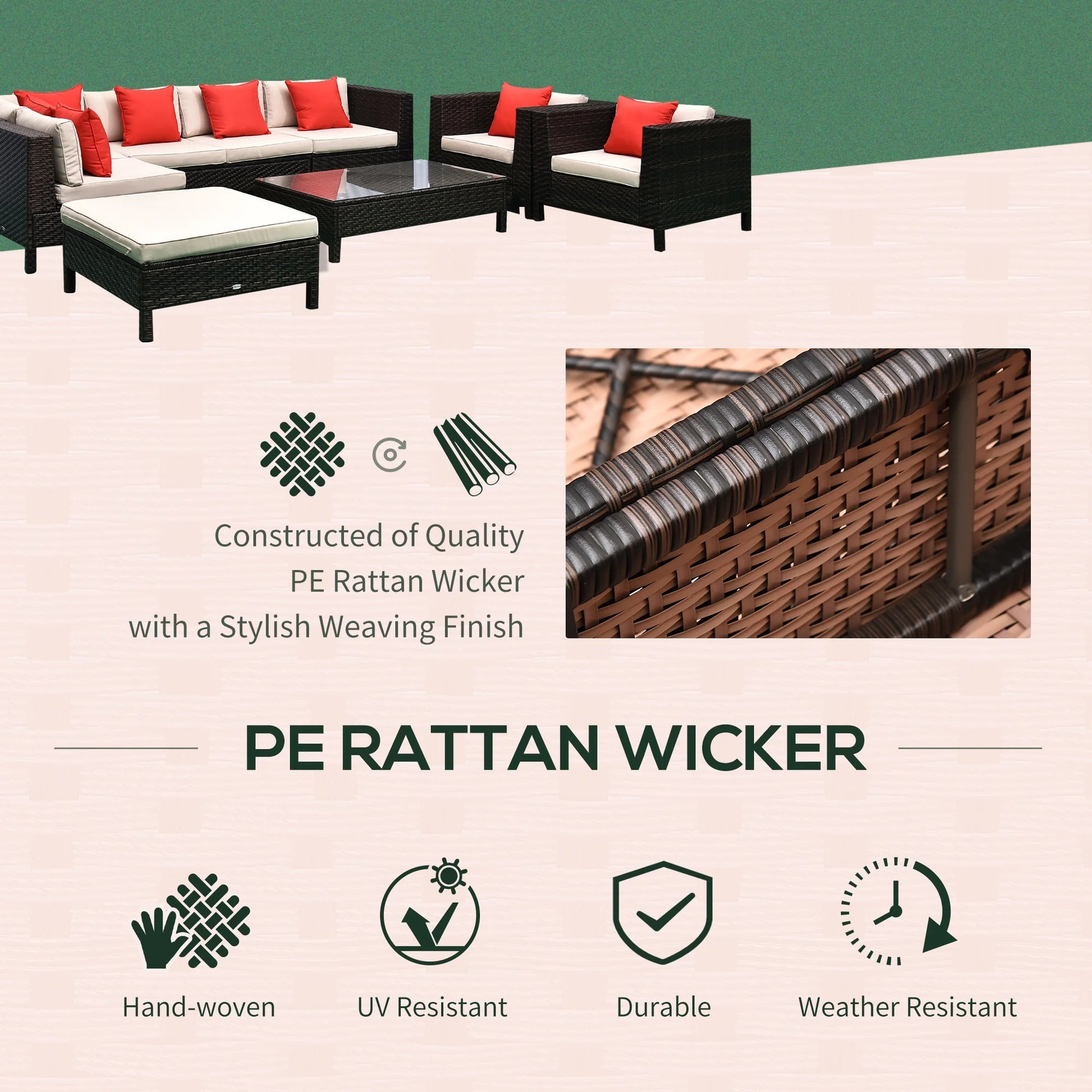 Outsunny 9 Piece Patio Furniture Set, PE Rattan Sofa & Table, Sand