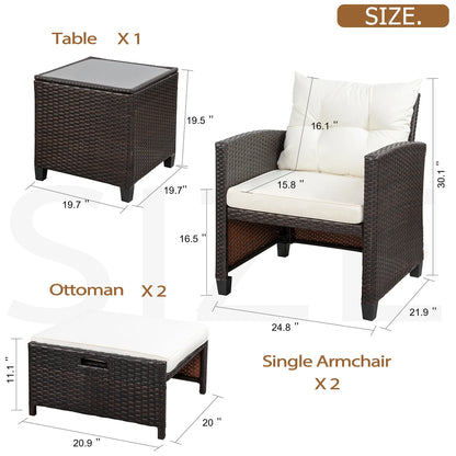 Sobaniilo 5 Piece Patio Furniture Set,Outdoor PE Wicker Patio Chair Two with Ottoman Underneath, Wicker Lounge Chair with Side Table, Beige
