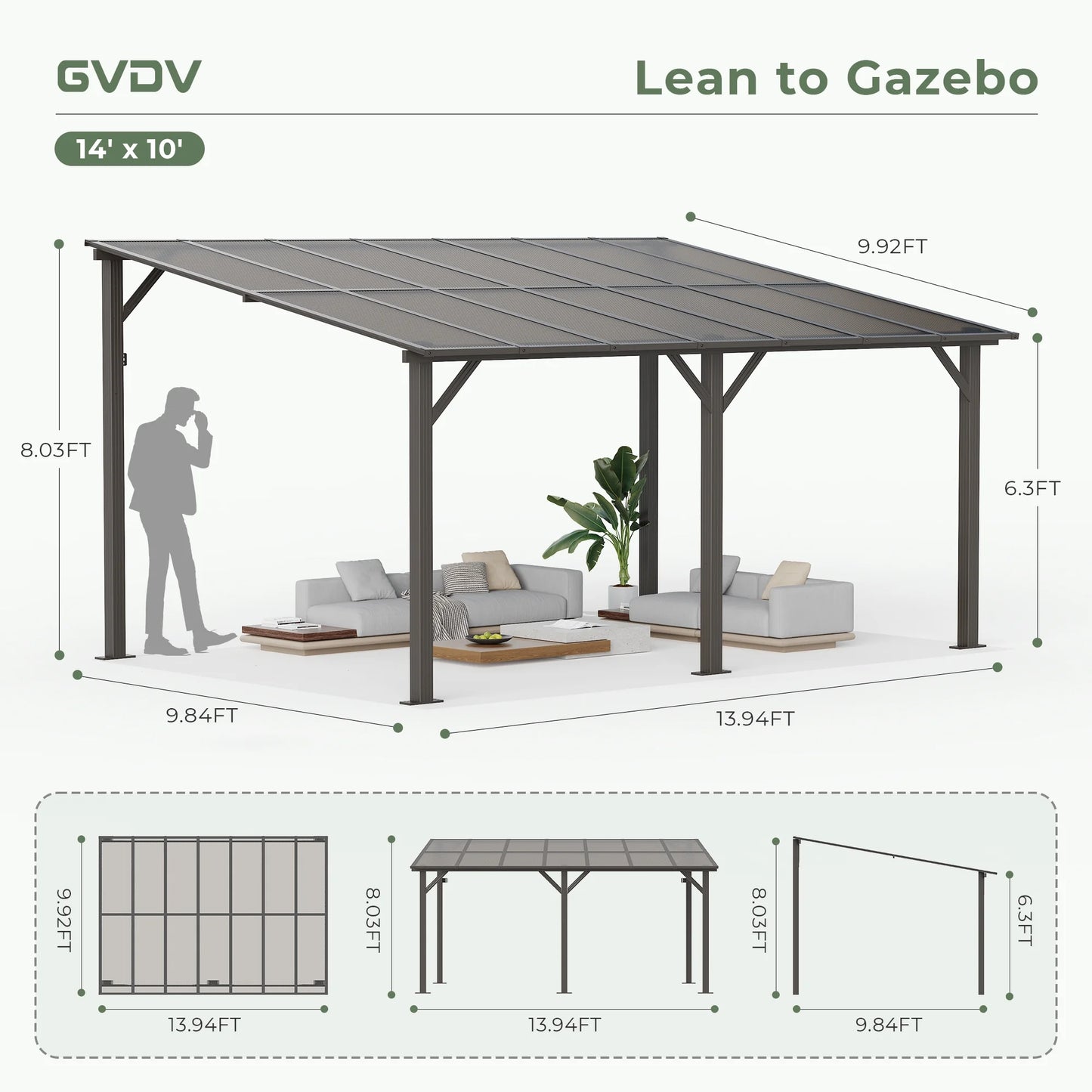 GVDV 14' x 10' Hardtop Gazebos Pergola, Outdoor Wall Mounted Gazebos with Aluminum Frame and Thickened columns for Patio,Backyard,Garden
