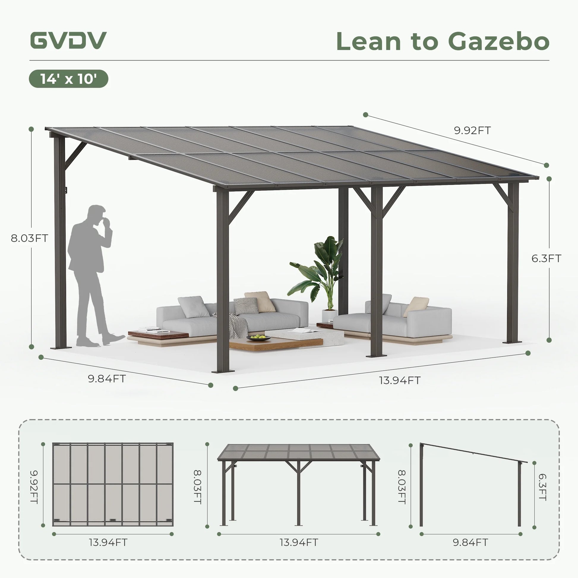 GVDV 14' x 10' Hardtop Gazebos Pergola, Outdoor Wall Mounted Gazebos with Aluminum Frame and Thickened columns for Patio,Backyard,Garden