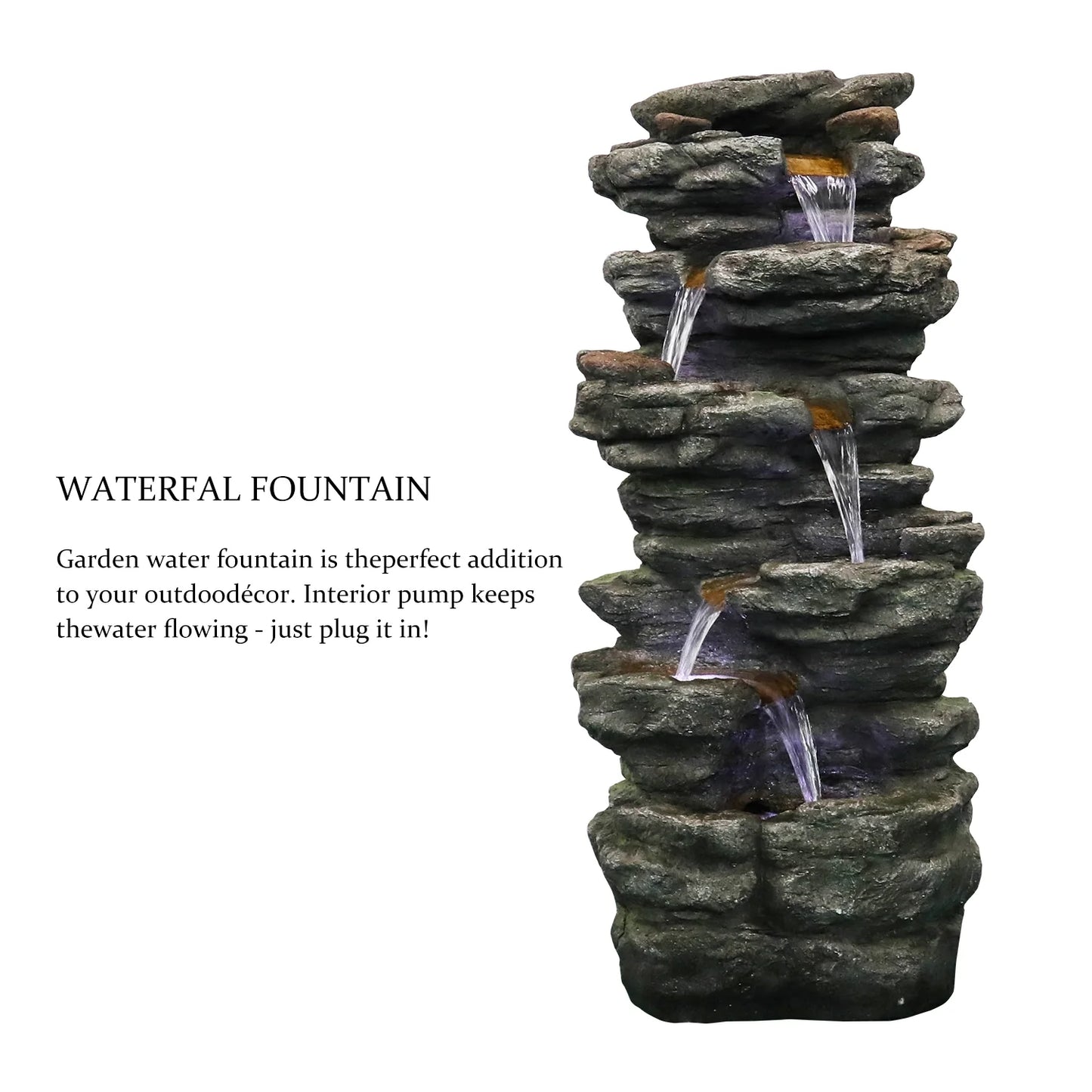 Willwolf Outdoor Water Fountain with LED Lights, 6-Tiered Electric Resin Waterfall for Garden Patio Lawn Yard and Porch