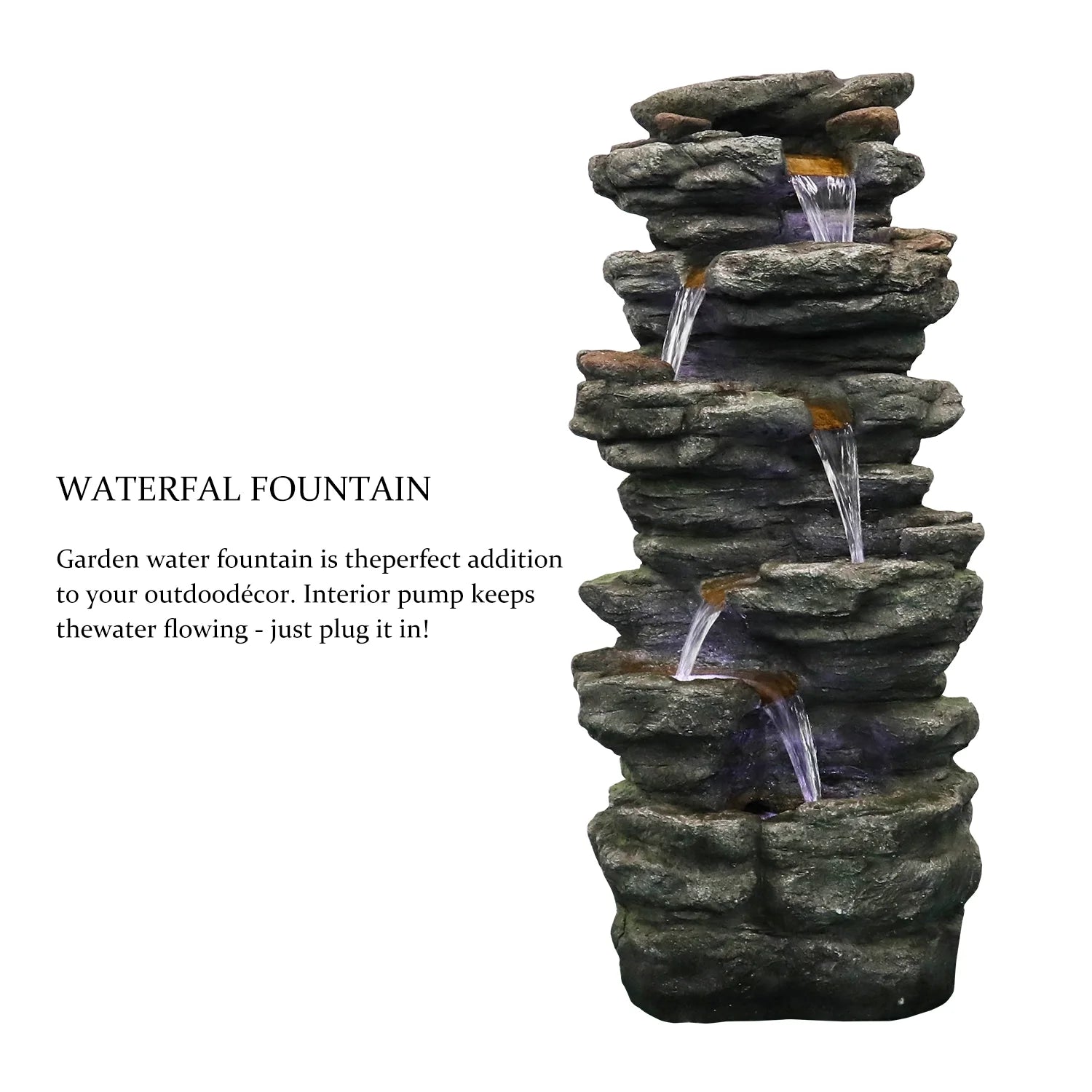 Willwolf Outdoor Water Fountain with LED Lights, 6-Tiered Electric Resin Waterfall for Garden Patio Lawn Yard and Porch