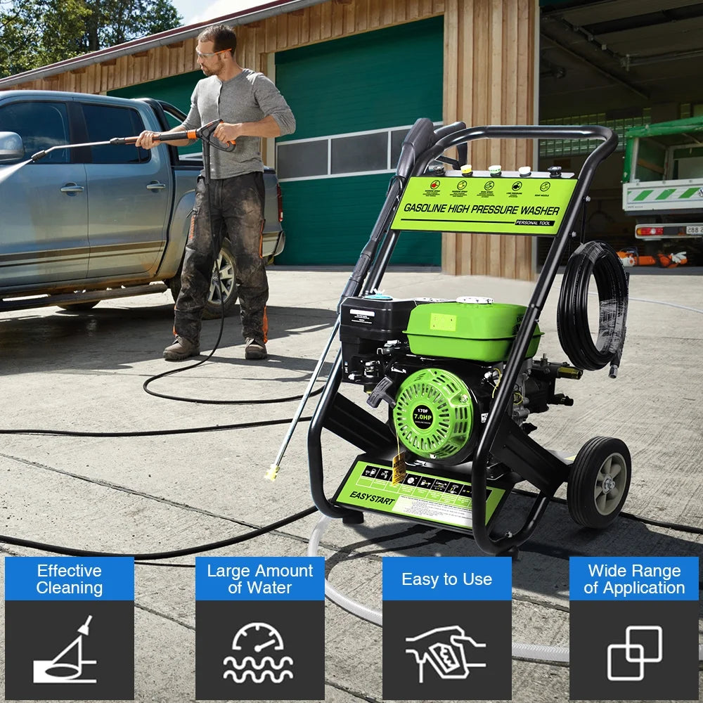 Yardmaster Gas Pressure Washer, 2600PSI 1.7GPM Power Washer for Patio& Garden, 4800W Pressure Washer with 25' High-Pressure Hose, 5 Nozzle, Soap Tank & Spray Gun, Black& Green