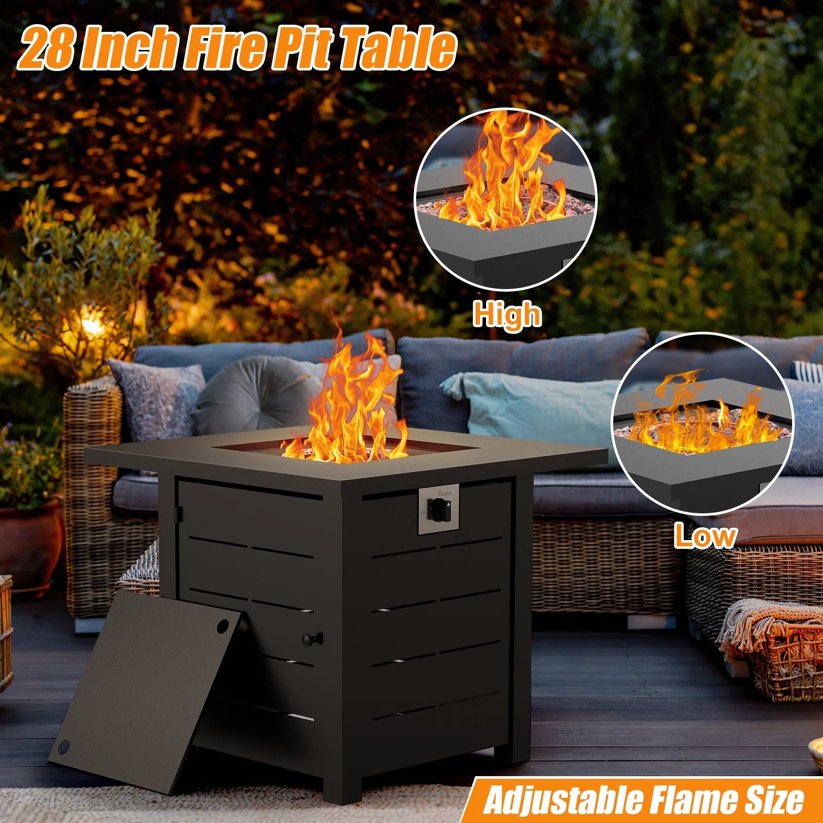 AMONSEE Propane Fire Pit for Outside, 28" GAS Firepit Table with Lid and Lava Rock for Patio Garden Party