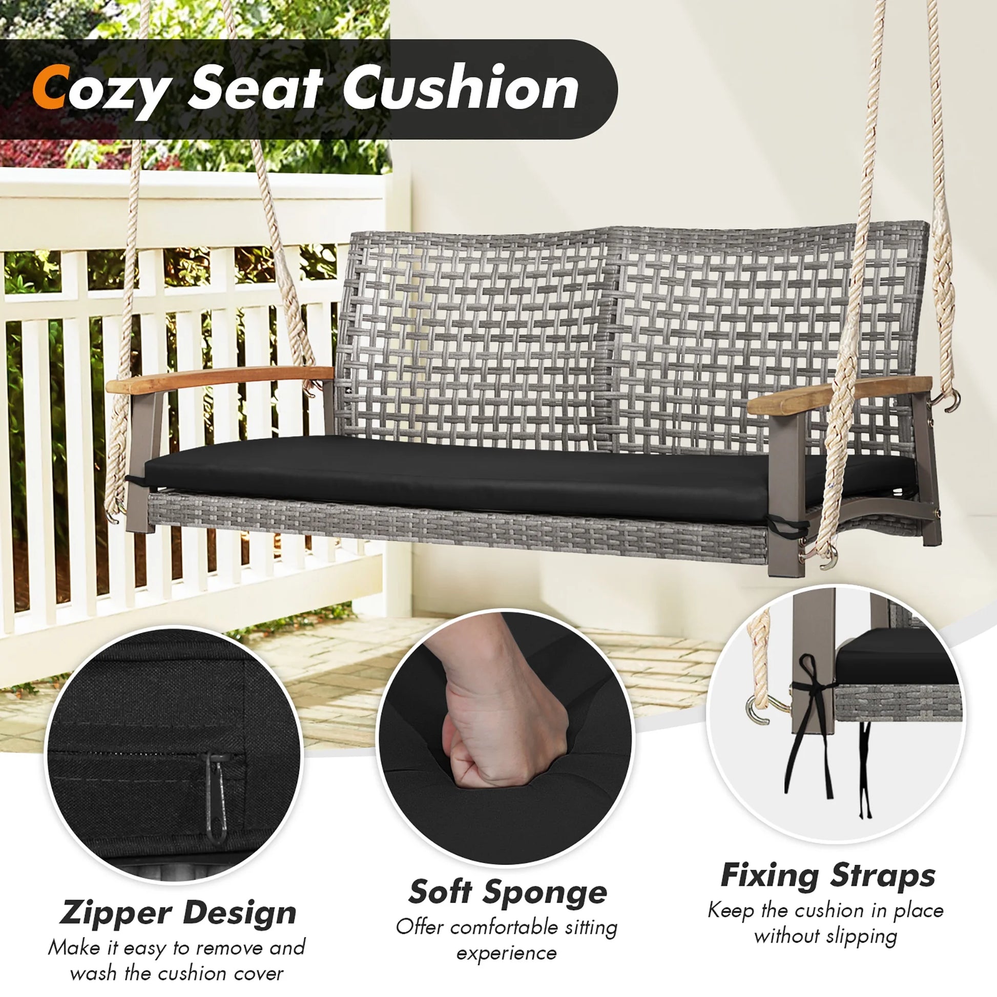Costway 2-Person Patio Wicker Hanging Swing Chair Loveseat Cushion Porch Black