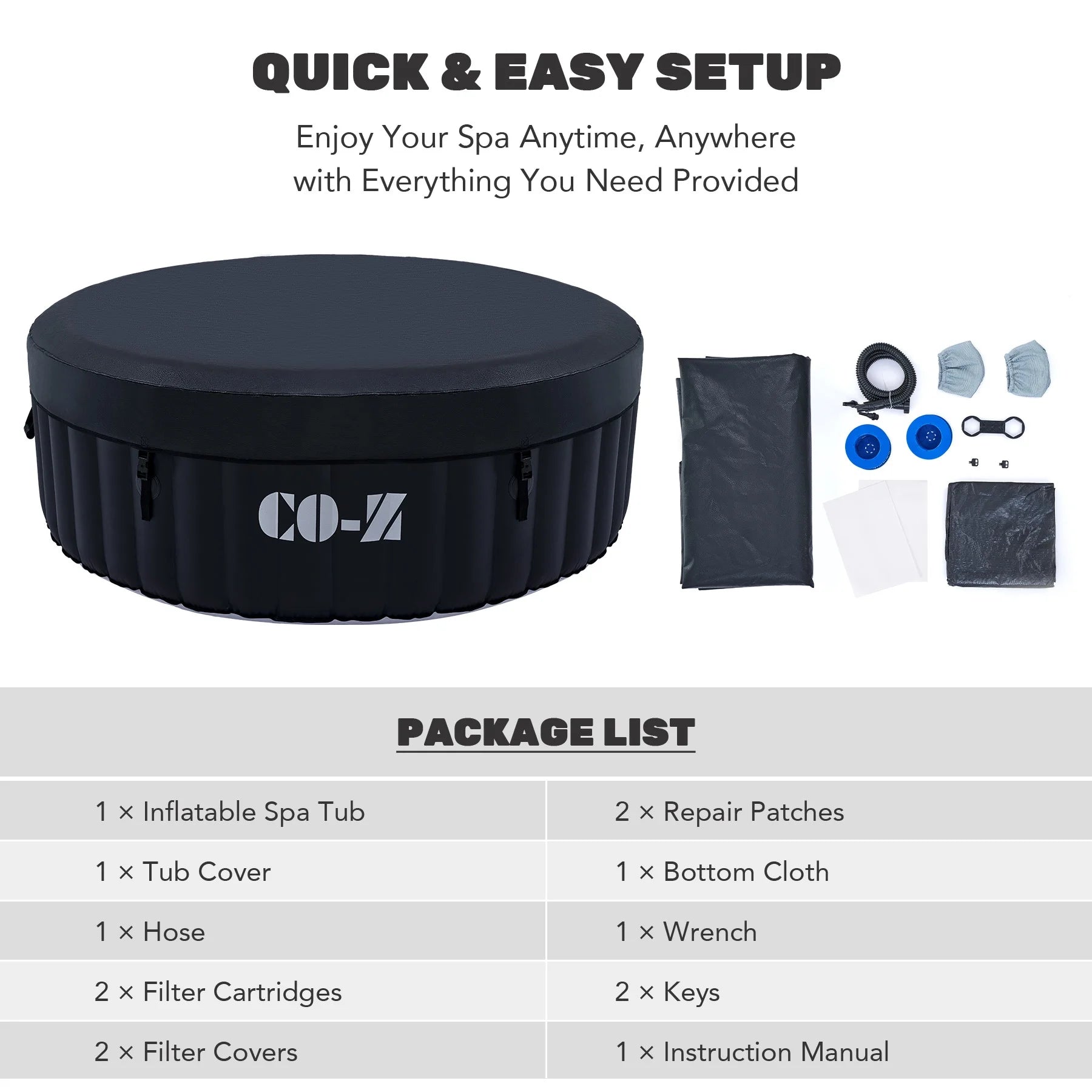 CO-Z 7' Inflatable Hot Tub Portable 4-6 Person Round Spa Tub for Patio Backyard Black