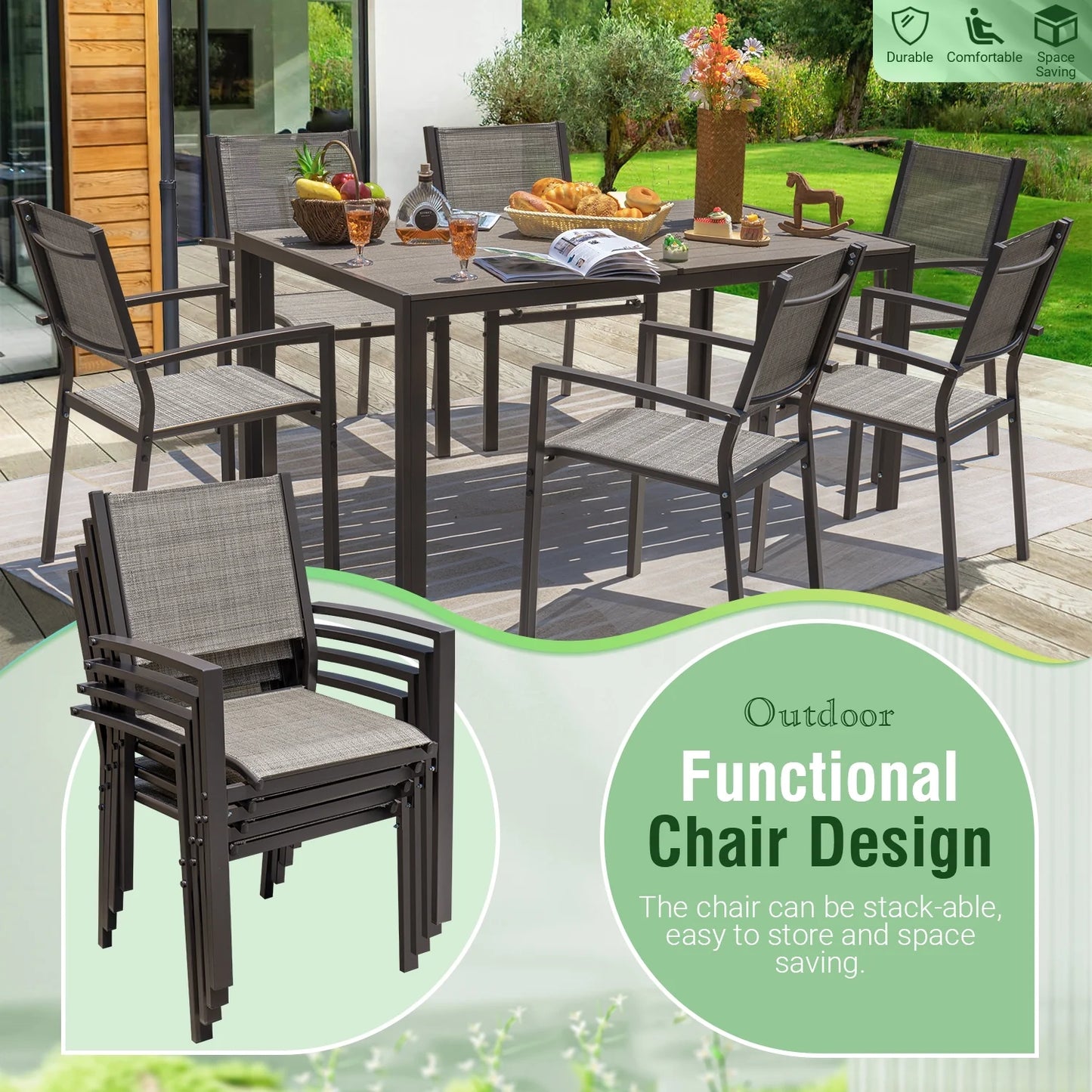 Devoko 7 Pieces Outdoor Dining Set ,Patio Conversation Set Outdoor Furniture Set 6 Stackable Textilene Armchairs with Rectangular Table, Light Gray