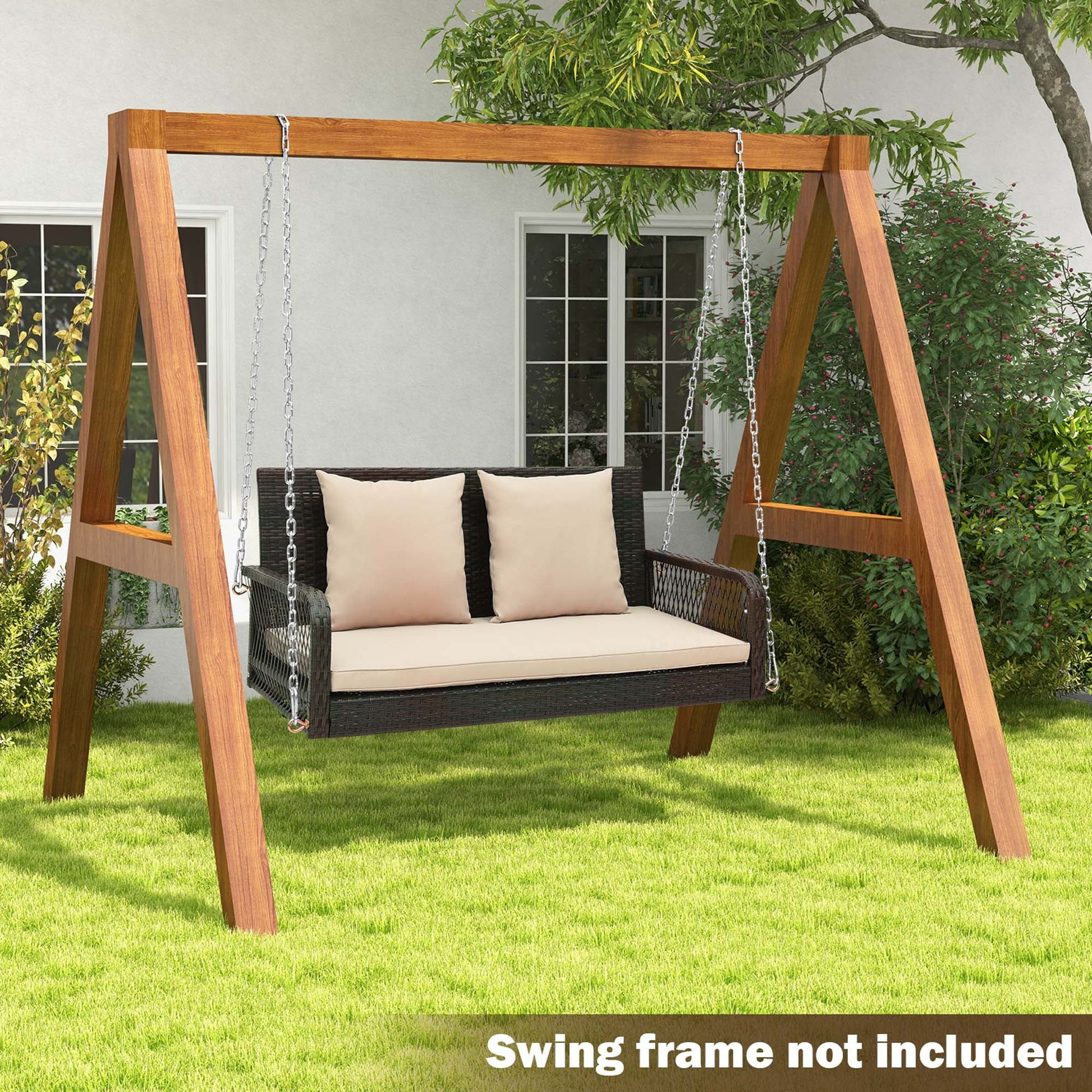 Costway Patio Wicker Porch Swing 2-Person Hanging Loveseat Bench Chair with Cushions Beige