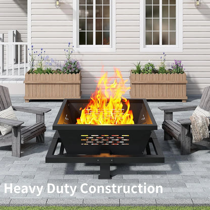 Auhilence large fire pit, 43" Square Outdoor Wood Burning Fire pit with Pocker, Hight Quality Outdoor Fire Pit for Camping, Backyard, Patio, Black