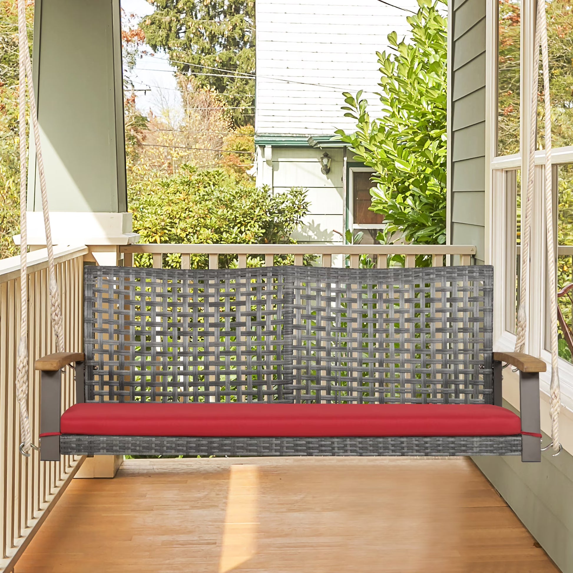 Gymax Rattan Patio Porch Swing 2-Person Cushioned Swing Chair Bench w/Hanging Ropes Off White