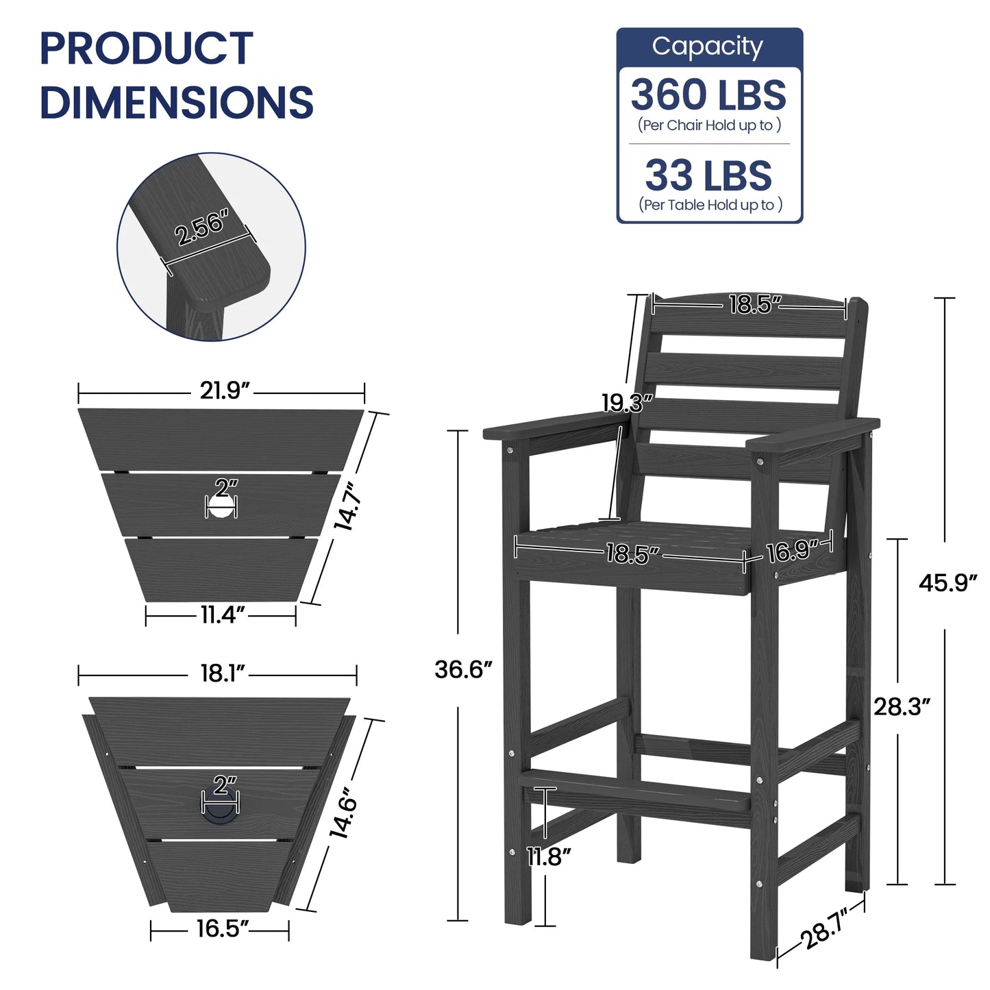 JUSTLET Tall Adirondack Chair Set of 2 with Double Connecting Tray, HDPE Weather Resistant Patio Bar Stools, Grey