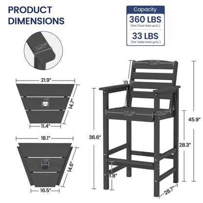 JUSTLET Tall Adirondack Chair Set of 2 with Double Connecting Tray, HDPE Weather Resistant Patio Bar Stools, Grey