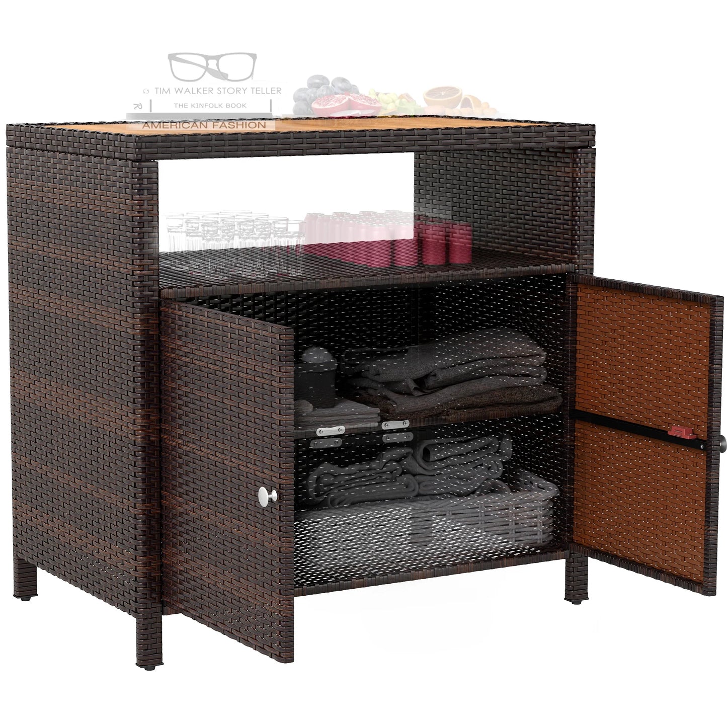 Outsunny Rattan Outdoor Storage Cabinet, Wicker Bar Table with Acacia Wood Countertop, Two Doors, Shelf, for Garden, Patio, Backyard, Black