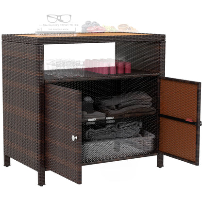 Outsunny Rattan Outdoor Storage Cabinet, Wicker Bar Table with Acacia Wood Countertop, Two Doors, Shelf, for Garden, Patio, Backyard, Black