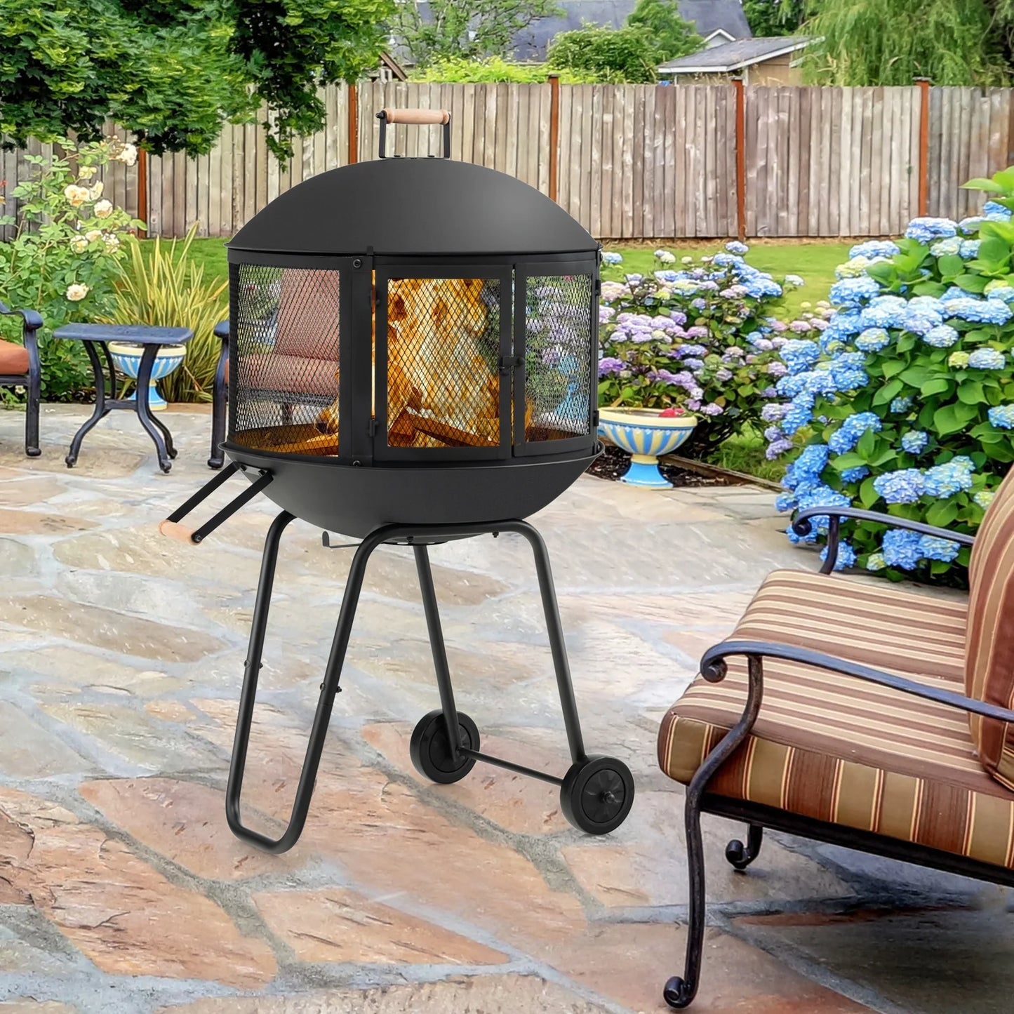 Topbuy Portable Fire Pit w/Wheels 28" Wood Burning Fire Pit w/Log Grate Poker Rolling Patio Fireplace Bonfire Firepit for Outdoor Entertaining
