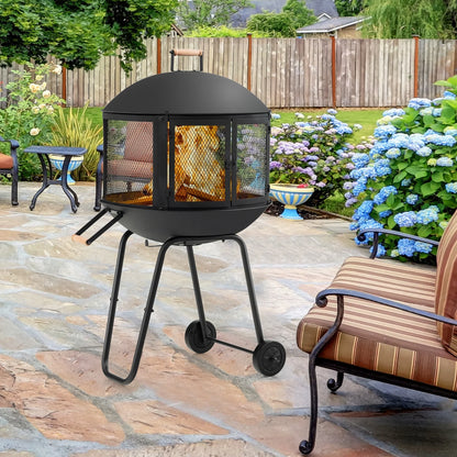 Topbuy Portable Fire Pit w/Wheels 28" Wood Burning Fire Pit w/Log Grate Poker Rolling Patio Fireplace Bonfire Firepit for Outdoor Entertaining