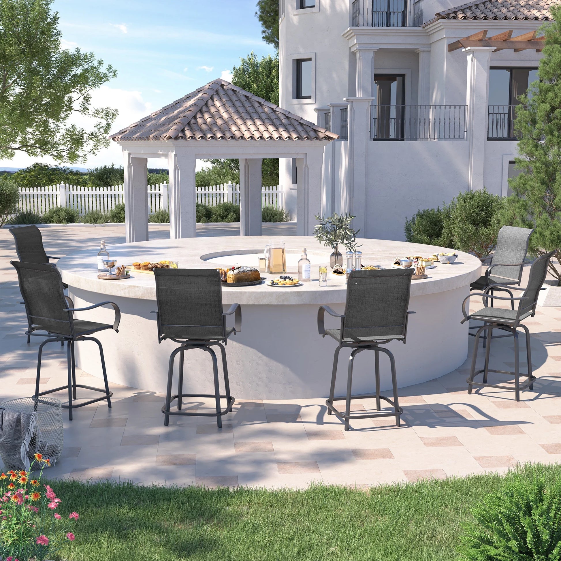 ELPOSUN Patio Swivel Bar Stools Chair of 2, Outdoor Bar Height Set, All Weather High Back and Armrest Rocking Stools & Bar Chairs for Backyard, Lawn Garden, Balcony and Pool, Grey White