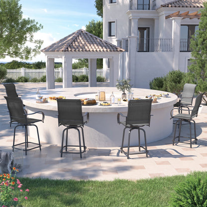 ELPOSUN Patio Swivel Bar Stools Chair of 2, Outdoor Bar Height Set, All Weather High Back and Armrest Rocking Stools & Bar Chairs for Backyard, Lawn Garden, Balcony and Pool, Grey White