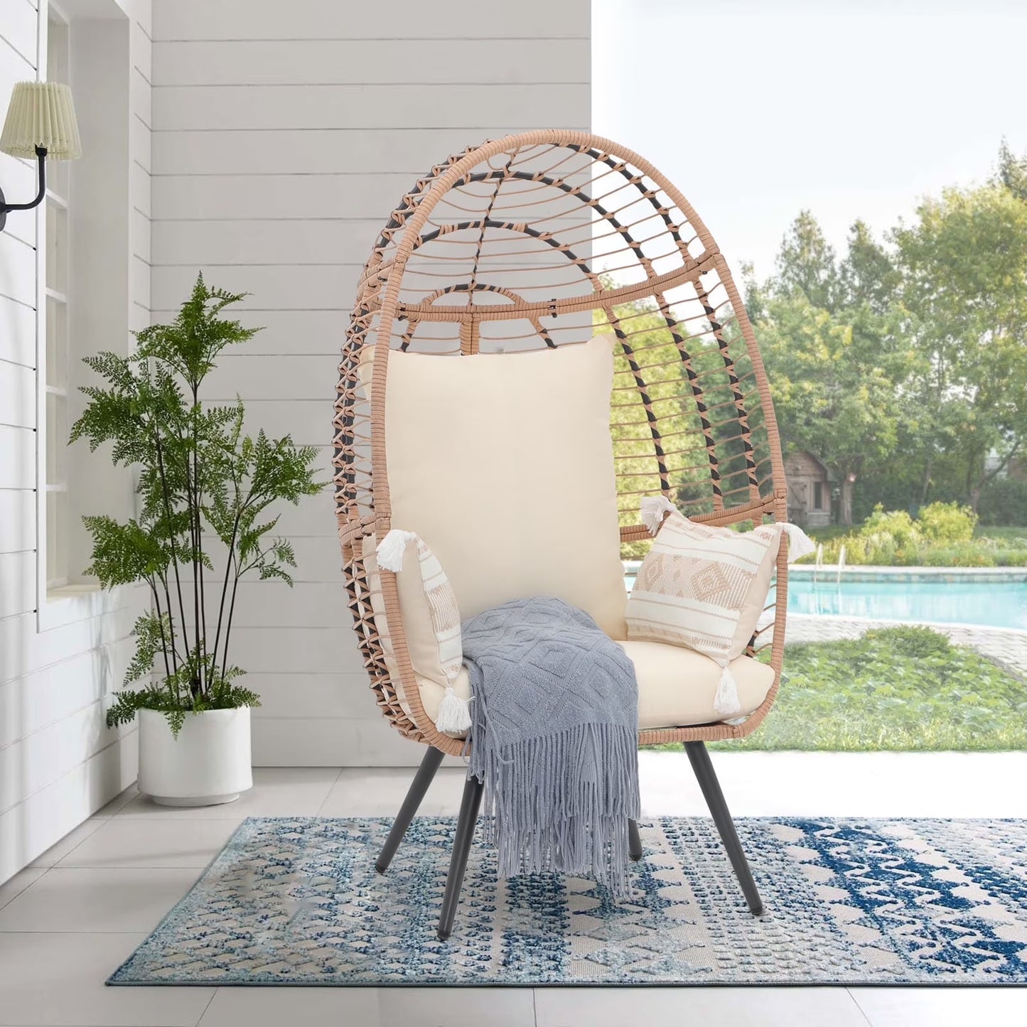 Indoor Outdoor Swing Egg Chair with Stand, Patio Foldable Grey Wicker Rattan Hanging Chair with Cushion, Light Gray