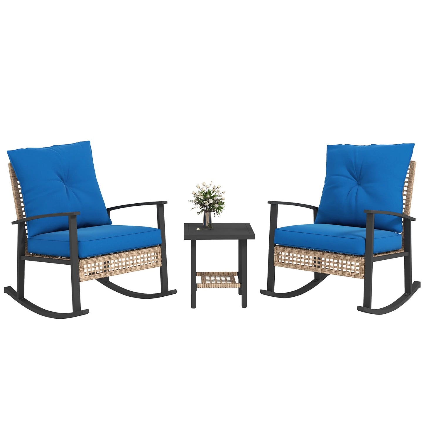 Outsunny 3 Pieces Patio Bistro Set, Wicker Furniture Set with Button Tufted Cushions, Rattan Rocking Chairs and Coffee Table, Dark Blue