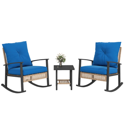 Outsunny 3 Pieces Patio Bistro Set, Wicker Furniture Set with Button Tufted Cushions, Rattan Rocking Chairs and Coffee Table, Dark Blue