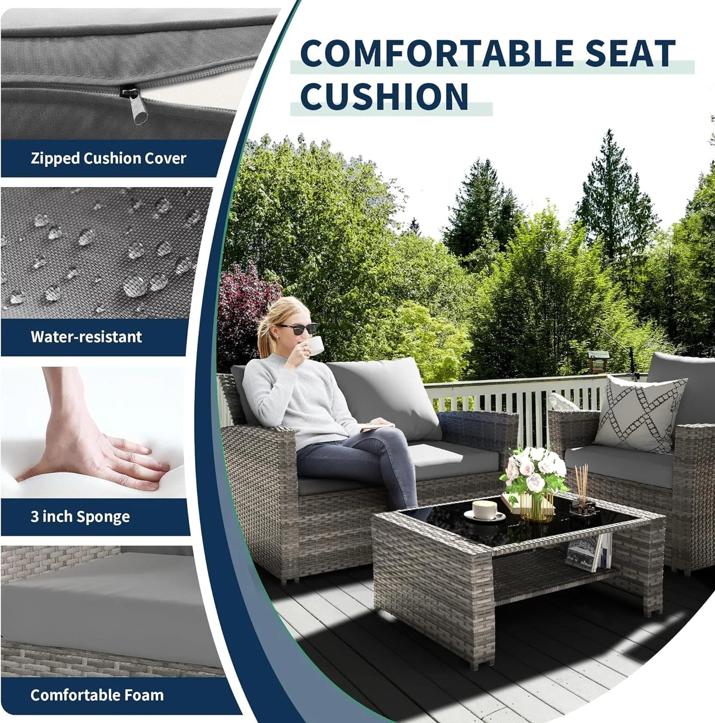 Poteban Wicker Patio Furniture Set, 4 Piece Outdoor Sectional Conversation Sets, Gray PE Rattan Patio Sofa Set for Balcony, Porch, Backyard, Grey