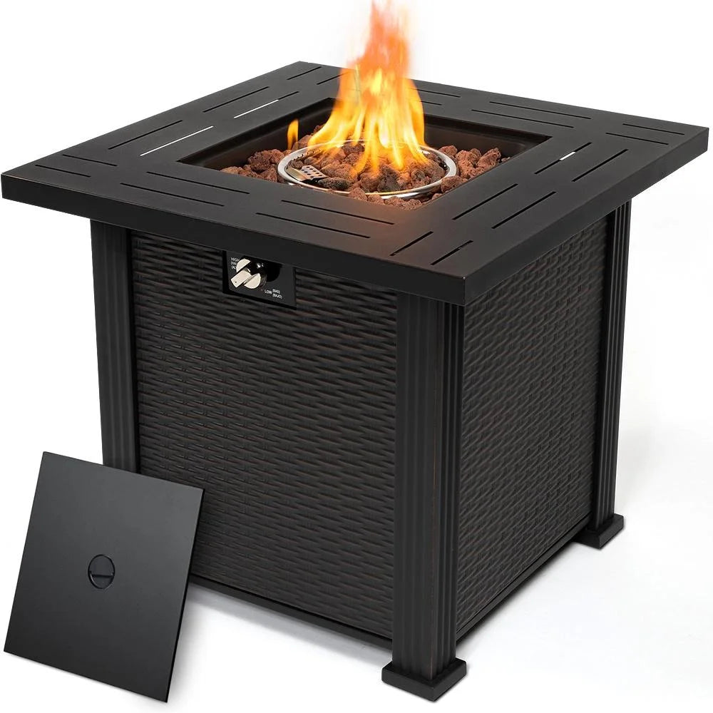 2-in-1 Propane Fire Pit Table, Outdoor Table with Fire Pit, 28 Inch 40,000 BTU Auto-Ignition Gas Fire Pit Table with Lid and Lava Rock, Square Fire Table for Yard Patio Garden