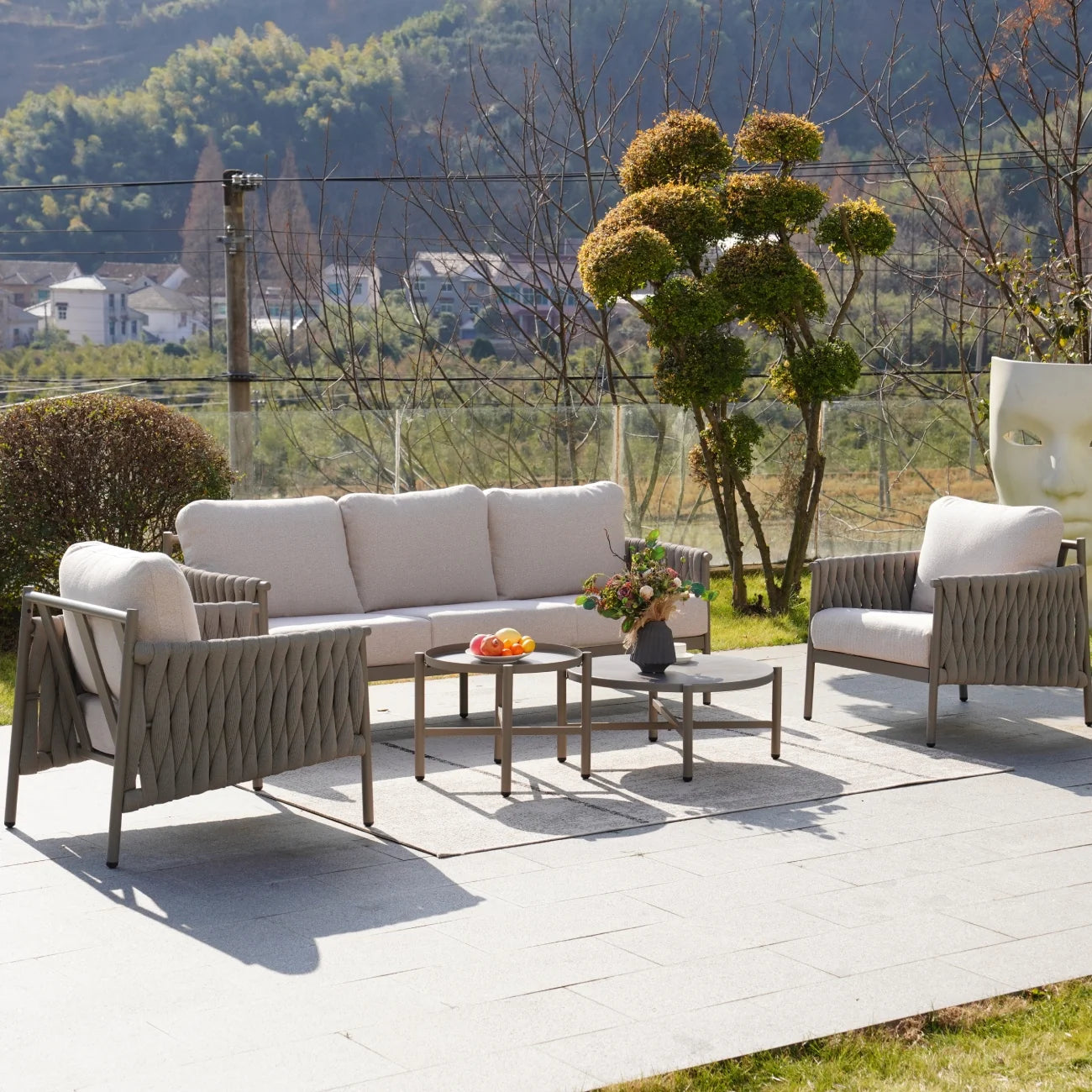 Grand Patio 5-Piece Furniture Set, Cotton Rope Outdoor Conversation Set with Deep Seating, Thick Cushions, Water-Resistant, 2 Coffee Tables, Backyard/Porch