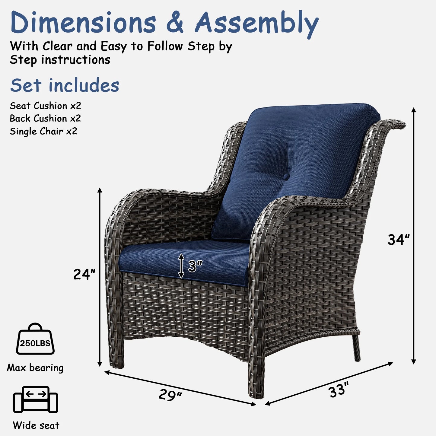 Meetleisure Patio Wicker Outdoor Lounge Chair with Cushion(Set of 2), Navy