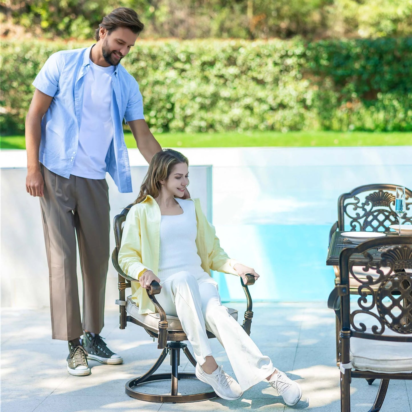 7-Piece Patio Furniture Dining Set, All-Weather Cast Aluminum Outdoor Table and Chairs for 6, Includes 4 Dining Chair & 2 Swivel Chairs & 60? Rectangular Table, Beige