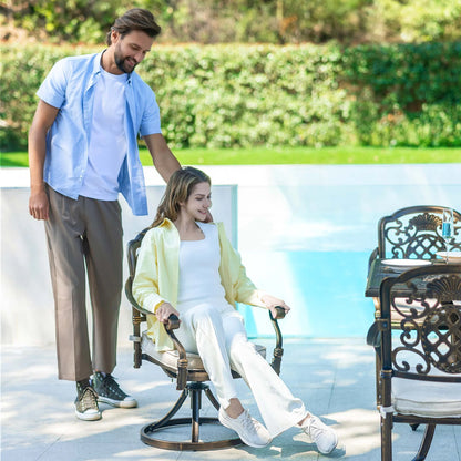 7-Piece Patio Furniture Dining Set, All-Weather Cast Aluminum Outdoor Table and Chairs for 6, Includes 4 Dining Chair & 2 Swivel Chairs & 60? Rectangular Table, Beige