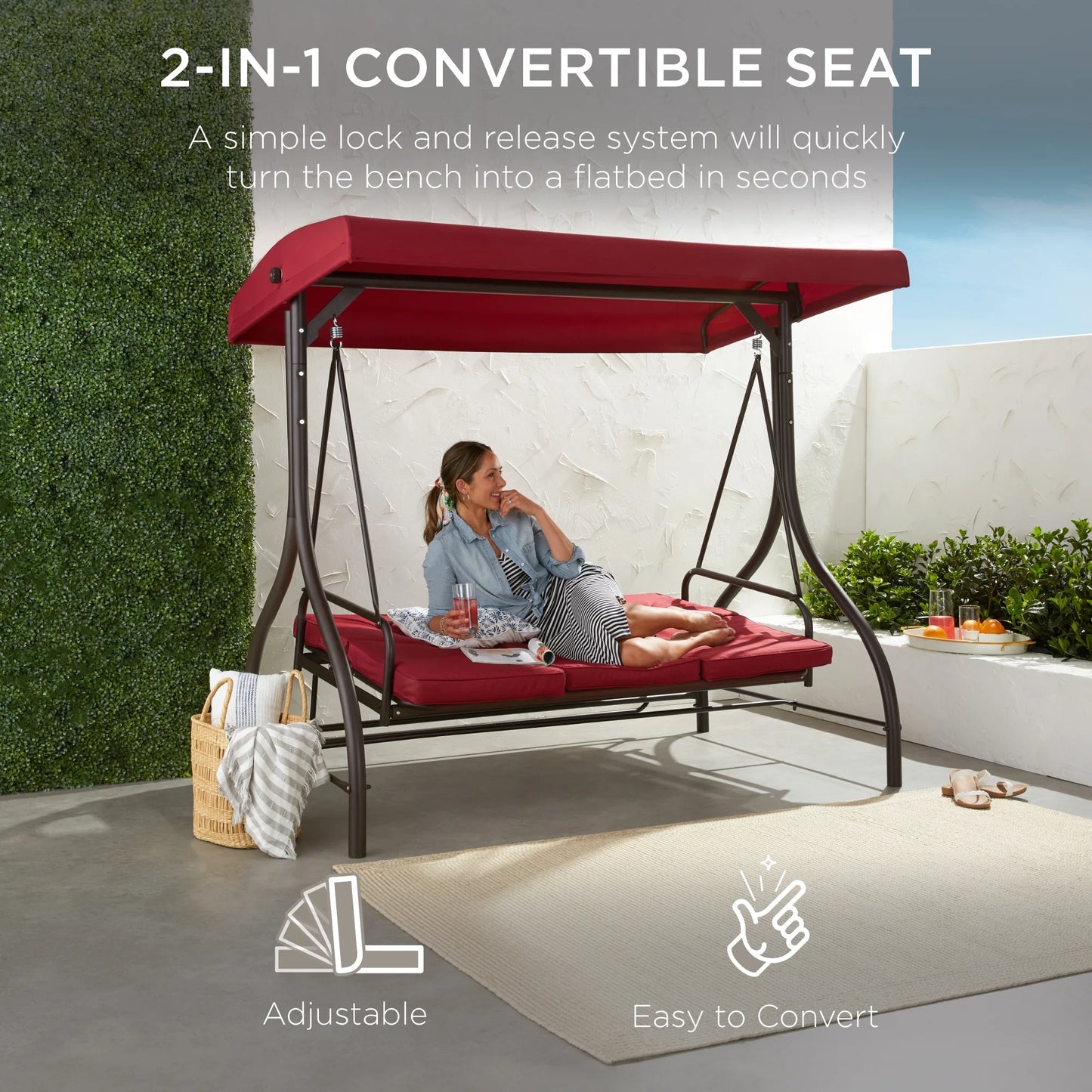 Best Choice Products 3-Seat Outdoor Converting Canopy Swing Glider Patio Hammock w/Removable Cushions - Burgundy