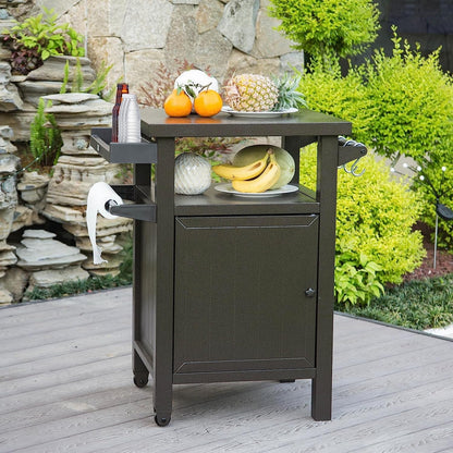 Domi Grill Carts Outdoor with Storage and Wheels, Whole Metal Portable Table and Storage Cabinet for BBQ,Deck,Patio,Backyard(Brown)