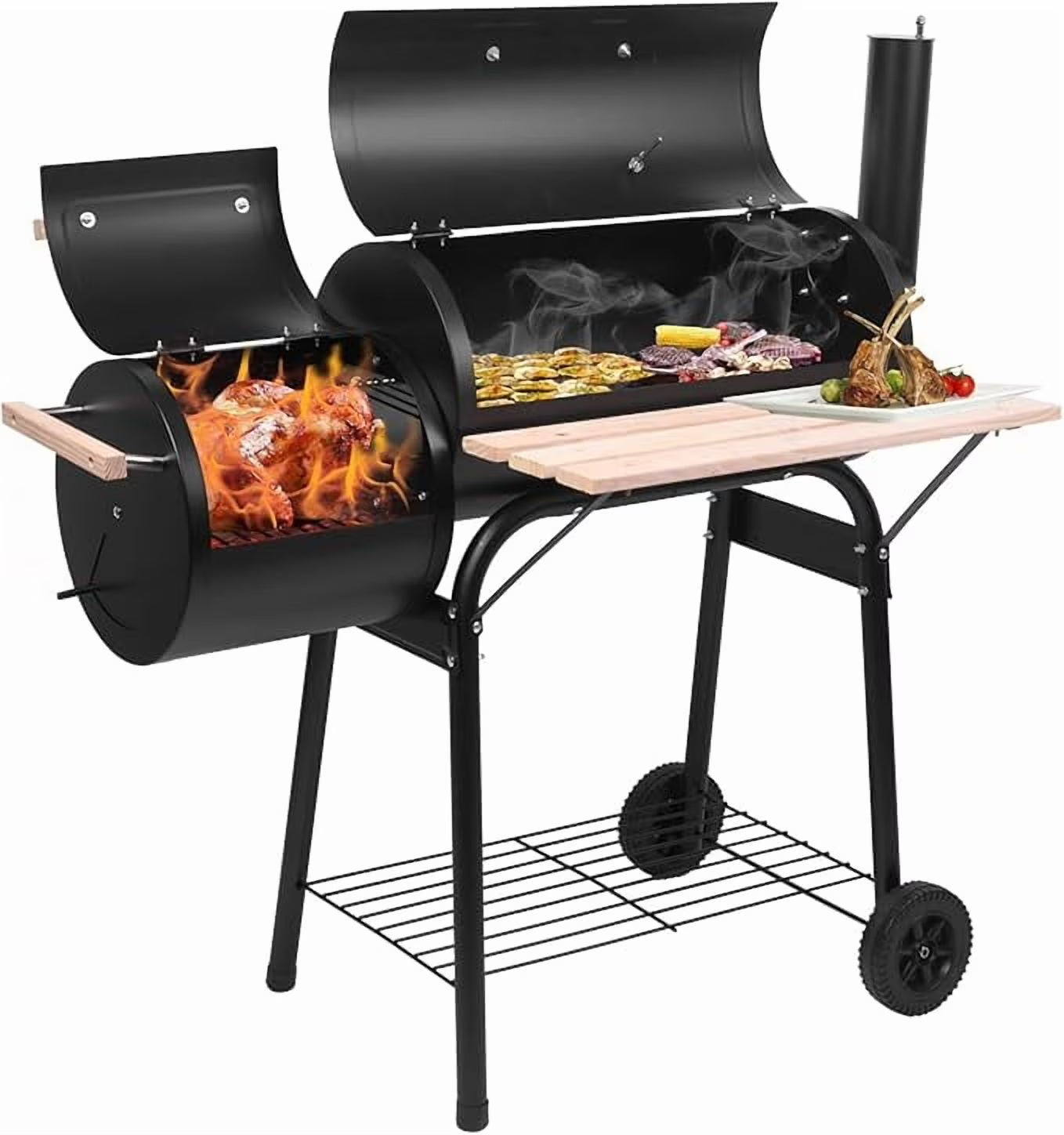 Oil Drum Charcoal Furnace Grill & High-Temperature Offset Smoker - Camping BBQ with Side Fire Box, Wheels, Thermometer & Chimney - Portable Outdoor Barbecue for Backyard, Patio, Picnics & Tailgating