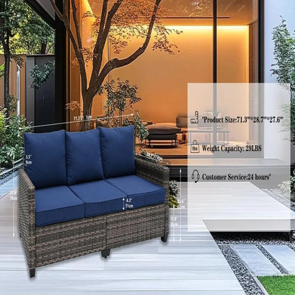 Decksplore All Weather Wicker Patio Couch, 3 Seats Patio Sofa with High Curvy Back, Premium Outdoor Sofa with Brown Wicker and Thick Cushions for Garden, Backyard, Porch Navy Blue