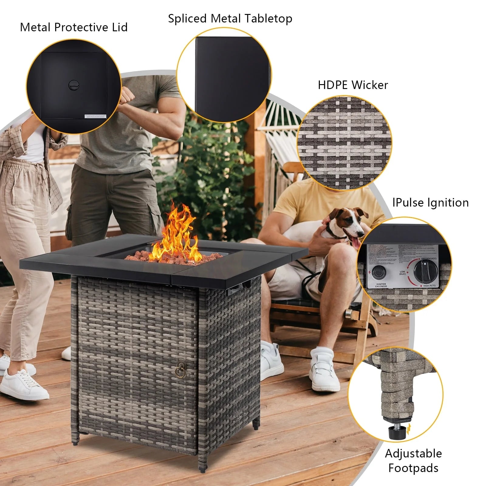 SEGMART Square Propane Fire Pit Table, Outdoor Gas Fire Pit Table with Lava Rocks and Lid, Gas Heater for Bonfire Patio Garden Backyard, 28-Inch 50,000 BTU Auto-Ignition Fire Table, CSA Certification