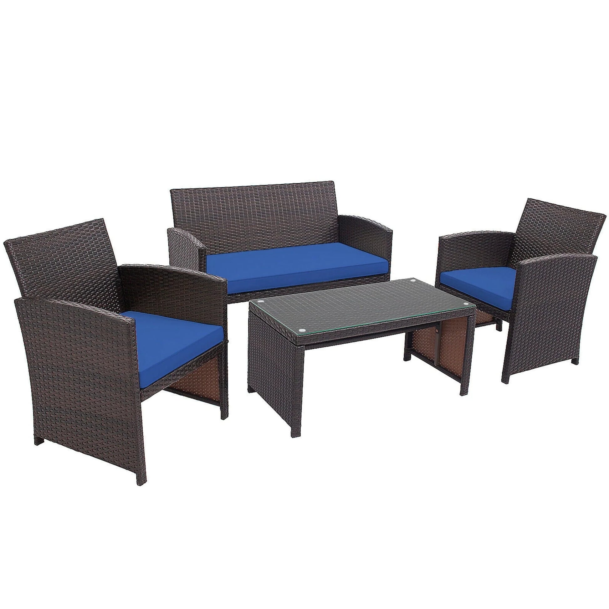 Gymax 4PCS Patio Conversation Set Outdoor Rattan Furniture Set w/Navy Cushions