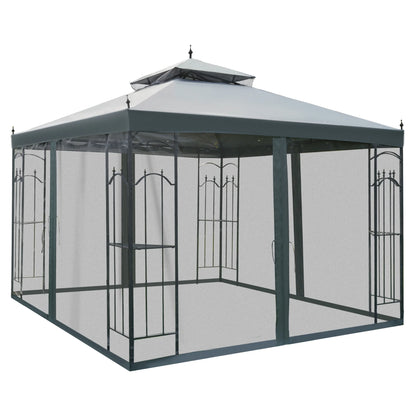 Outsunny 118" x 118" Steel Outdoor Patio Gazebo Canopy with Removable Mesh Curtains, Display Shelves, & Steel Frame, Cream White