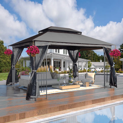Perfect Garden 13x10ft Patio Gazebo, Metal Frame with Double Roof and Mosquito Net, Brown