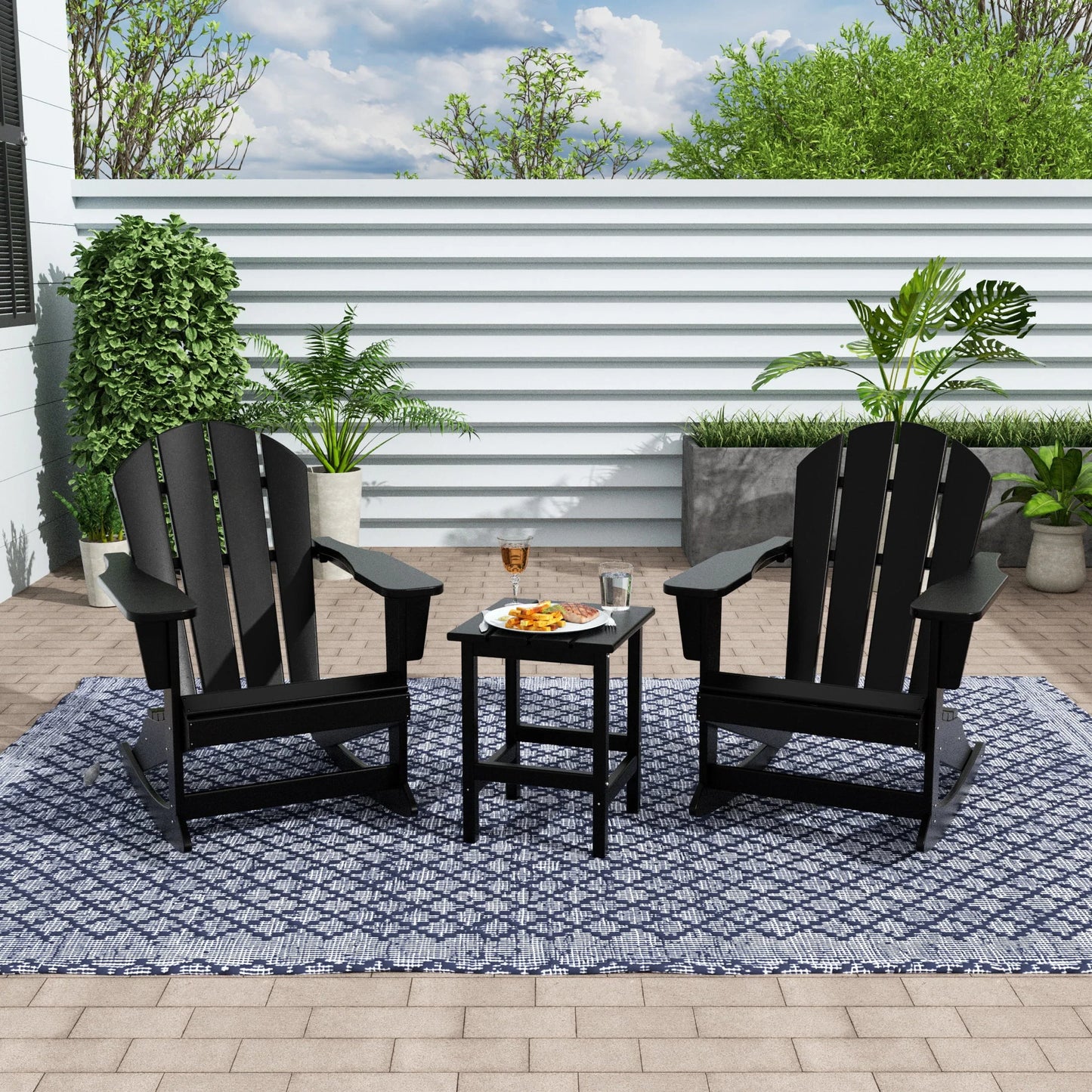 WestinTrends Malibu 3 Piece Outdoor Rocking Chair Set, All Weather Poly Lumber Porch Patio Adirondack Rocking Chair Set of 2 with Side Table, Black