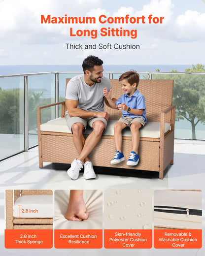 VEVOR Outdoor Storage Bench, 2-Person PE Rattan Storage Bench, 70 Gal Deck Box with Cushion, Supports up to 265 lbs, Weatherproof Outdoor Seating & Porch Decor for Patio Garden Balcony Yard