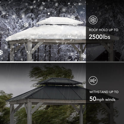 SUNJOY 10 x 12 ft. Wood Gazebo, Outdoor Patio Steel Hardtop Gazebo, Cedar Framed Wooden Gazebo with 2-Tier Metal Roof, Suitable for Patios, Lawn and Backyard, Matte Black Roof + Gray Wood Frame