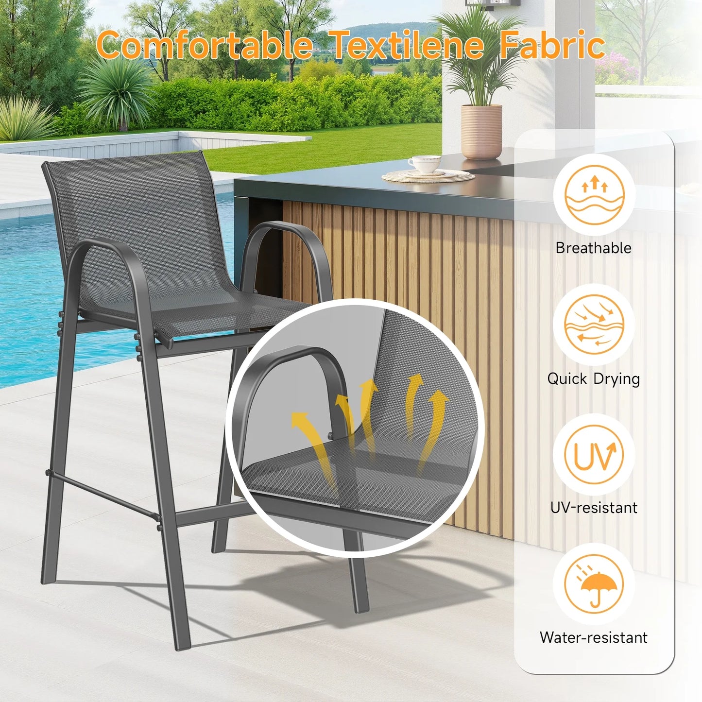 Dovov Outdoor Bar Stools Set of 4, Patio Bar Height Stool Outdoor Textilene Bar Chairs All Weather Patio Barstools for Garden Poolside Backyard Balcony Porch Lawn Deck, Gray