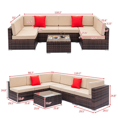 Patio Furniture Sets, 7-Piece Wicker Patio Conversation Furniture Set w/6 Seats, 1PC Tempered Glass Table, 6 Weather-Resistant Cushions, 2 Red Pillows for Backyard Porch Lawn Pool, Q2353