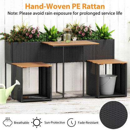 SUREGO Patio Furniture Set with Raised Garden Bed, PE Rattan Garden Planter Table with Built-in Chairs and Storage Space, Acacia Wood Outdoor Conversation Set with Sturdy Metal Frame