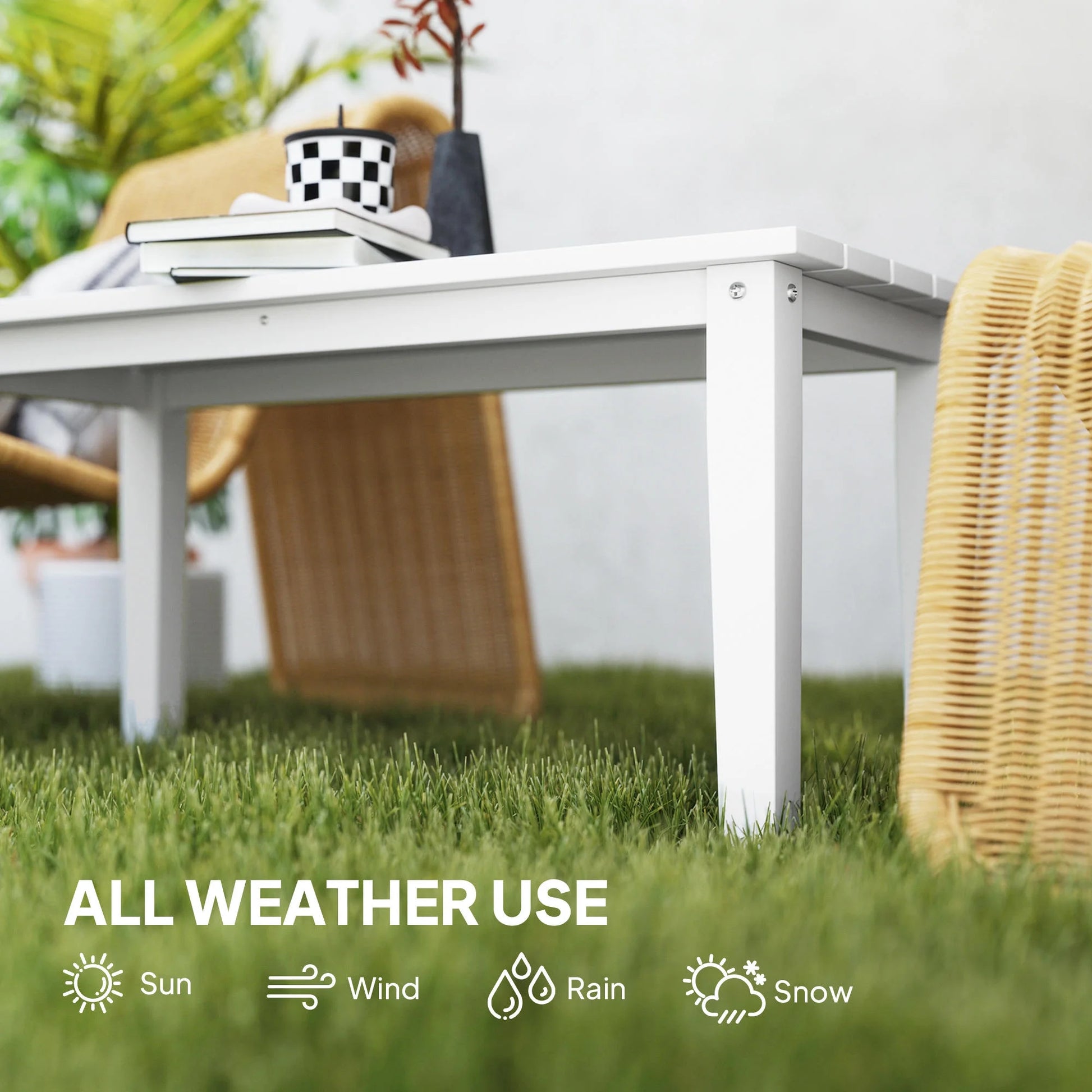 ZIRAV HDPE Outdoor Coffee Table, All-Weather Rectangle Patio Coffee Table, Plastic Outdoor Patio Table with Slatted Tabletop for Garden, Balcony, Backyard,White