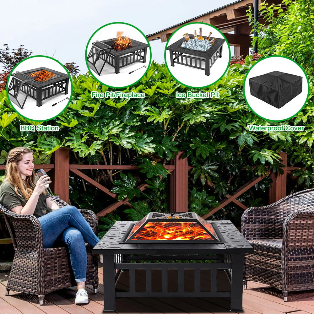 Wood Burning Fire Pits for Outside, 32" Square Iron Fire Pit Backyard Patio Garden Stove Wood Burning Fire Pit w/BBQ Net, Waterprrof Cover, Mesh Screen Lid, Wood Grate, Poker, Durable Fire Pit