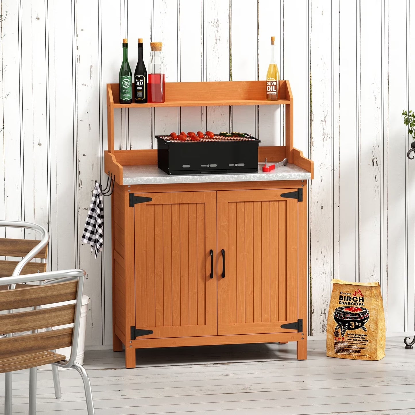 HLR Potting Bench with Storage, Galvanized Steel Tabletop Outdoor Potting Table with Storage for Garden Patio, Original Wood