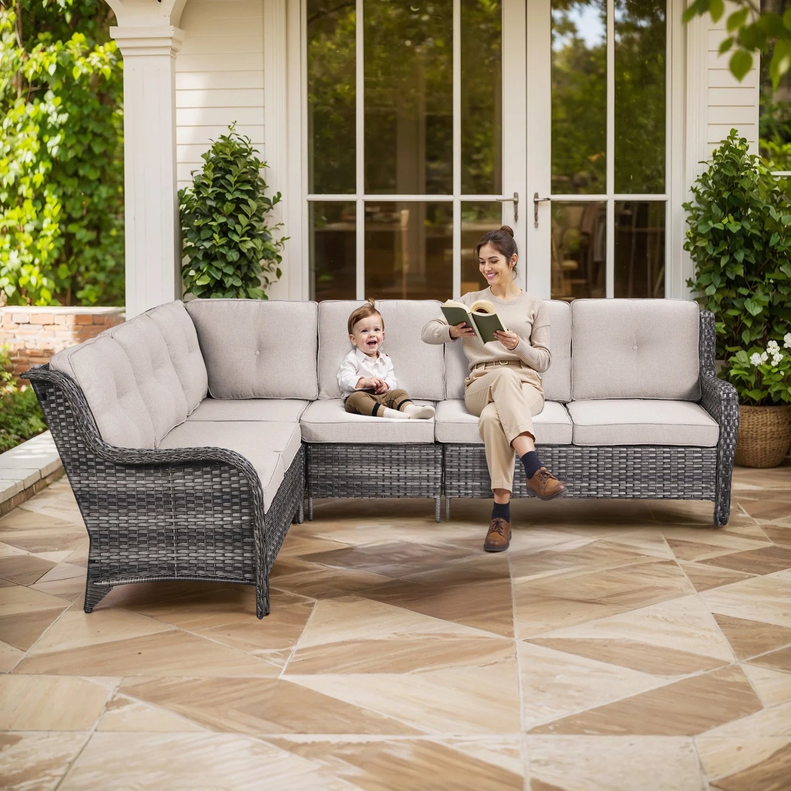 Gymojoy 2-Piece Outdoor Patio Furniture Set, L-Shaped Sectional Sofa, All-Weather PE Wicker Rattan Conversation Set,Brown/Gray