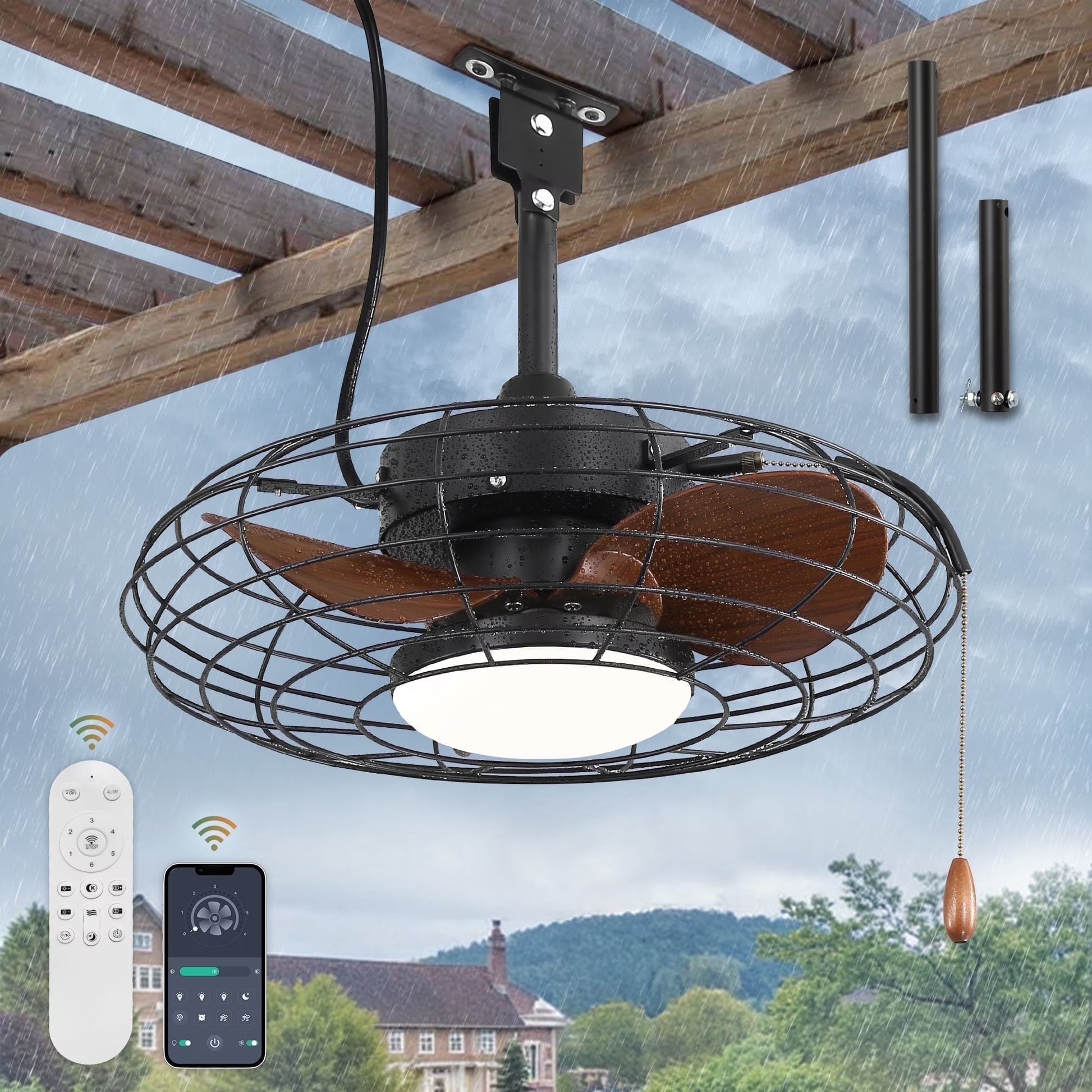 Zardon 20" Outdoor Ceiling Fan with Light and Remote, 7 Blades Caged Waterproof Gazebo Fan for Patio, Porch, Pergola Canopy, App Control